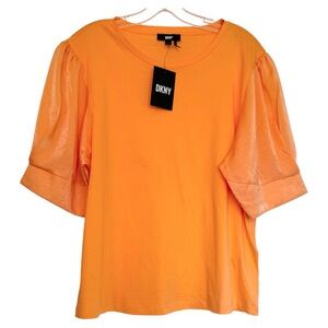 DKNY Orange Cantaloupe Satin Puffy Short Sleeve Shirt Top Large NWT